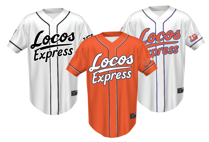 Lima Locos Express Sublimated Full-Button Jersey (3 Jerseys - White, Orange, White/Black included)