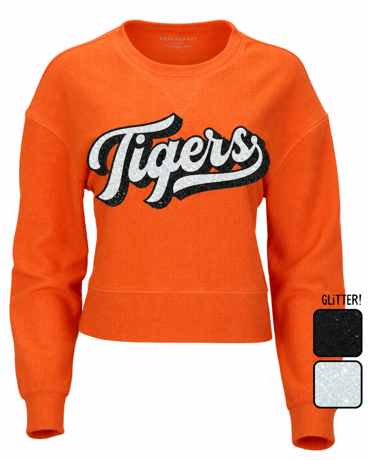 Women's Tigers Glitter Script Rib Knit Corded Boxy Crewneck
