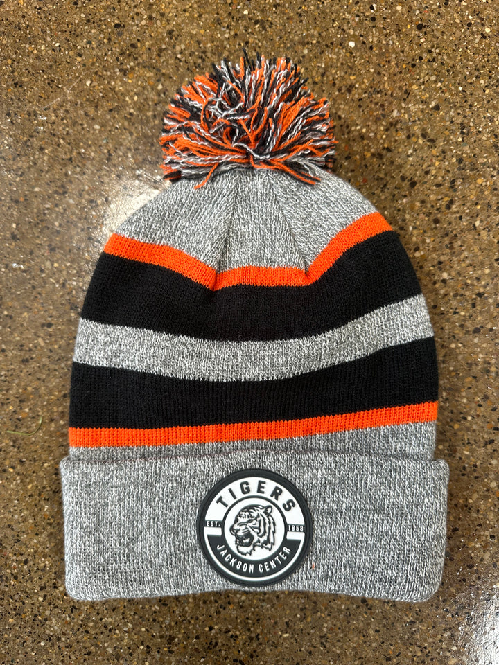 Patch Cuffed Stripe Pom Beanie