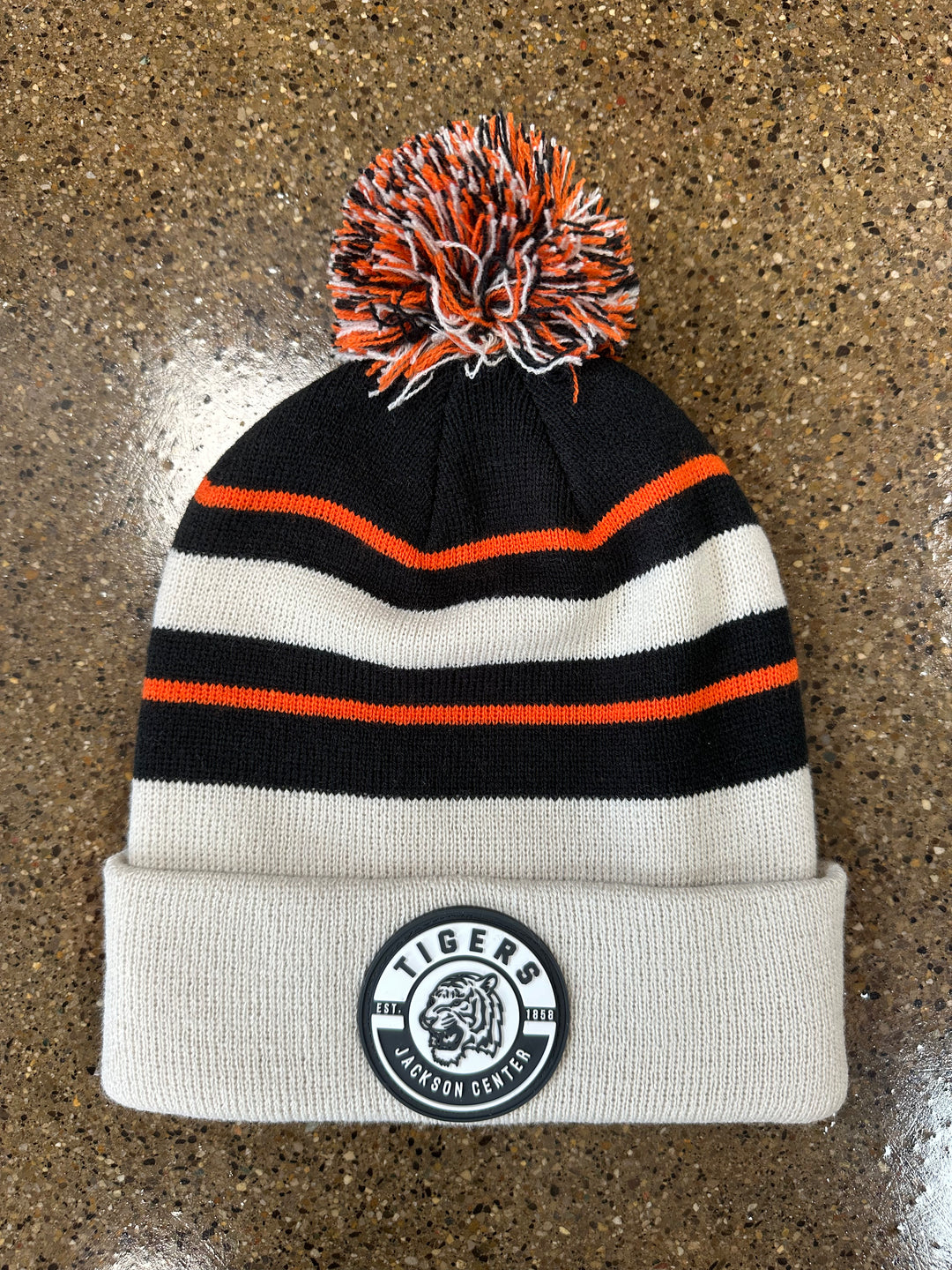 Patch Cuffed Stripe Pom Beanie