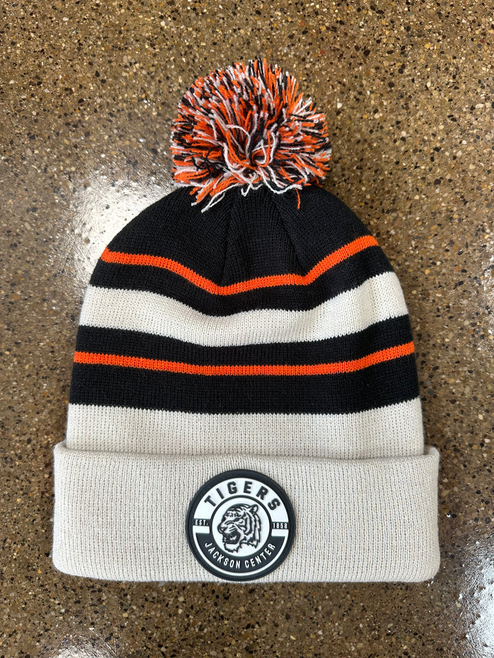 Patch Cuffed Stripe Pom Beanie