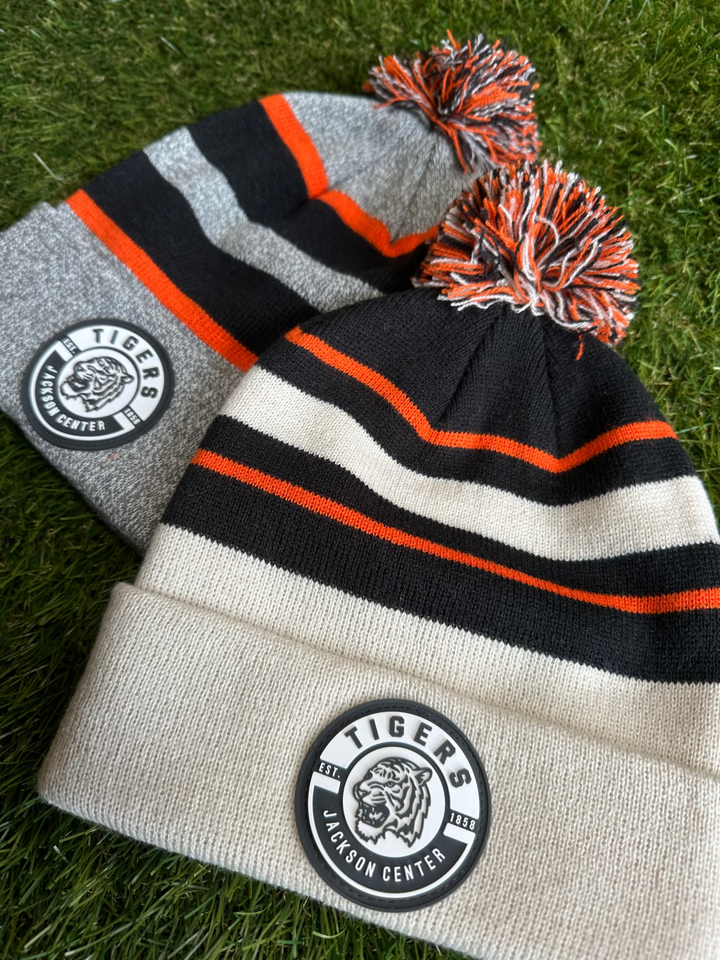 Patch Cuffed Stripe Pom Beanie