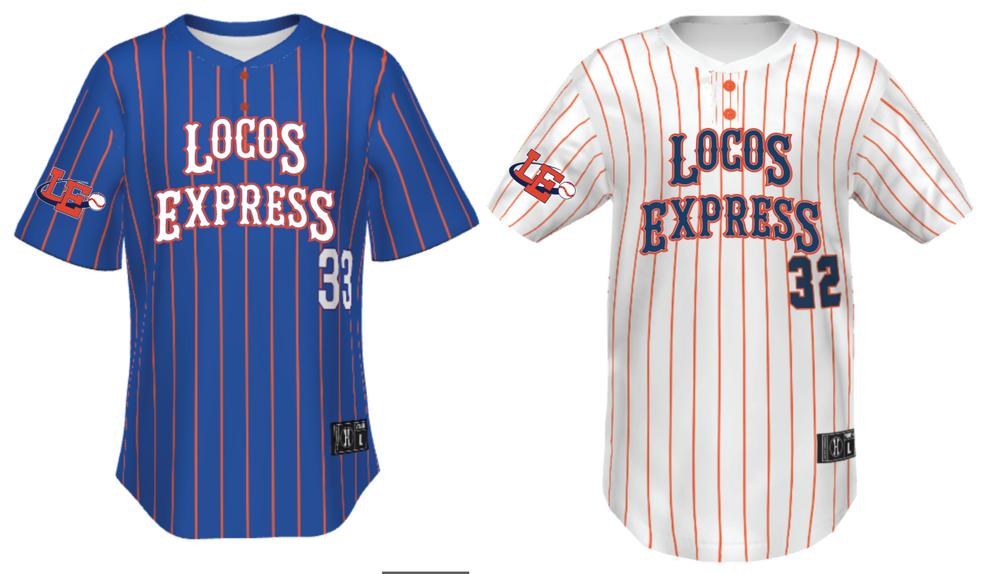 Lima Locos Express 8U Sublimated Two-Button Jersey (2 Jerseys - White and Royal Included)