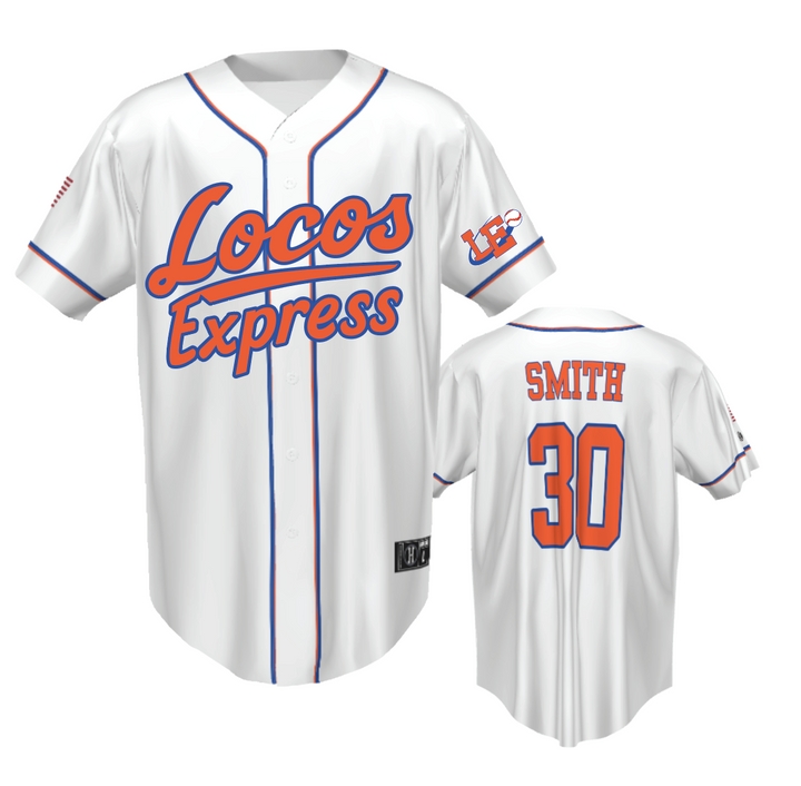 Lima Locos Express Sublimated Full-Button Jersey (3 Jerseys - White, Orange, White/Black included)