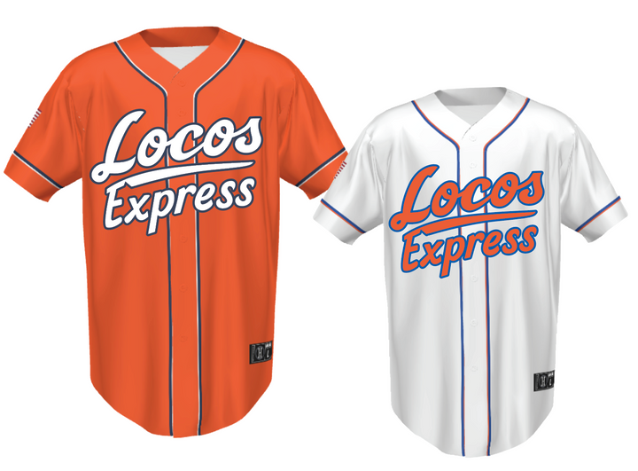 Lima Locos Express 13U Blue Sublimated Full-Button Jersey (2 Jerseys - White, Orange)