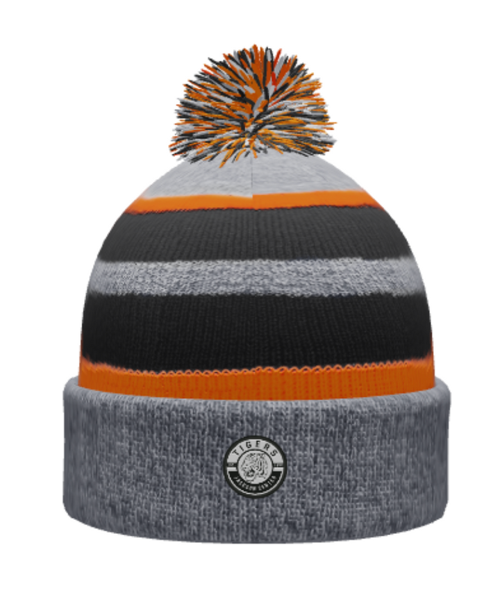 Patch Cuffed Stripe Pom Beanie