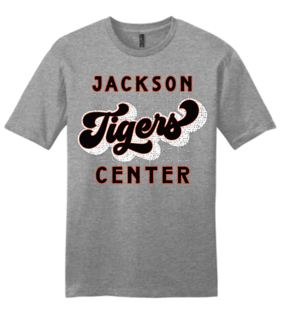 Jackson Center Tigers Distressed Script tee- Women