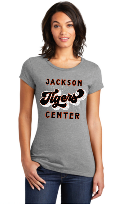 Jackson Center Tigers Distressed Script tee- Women