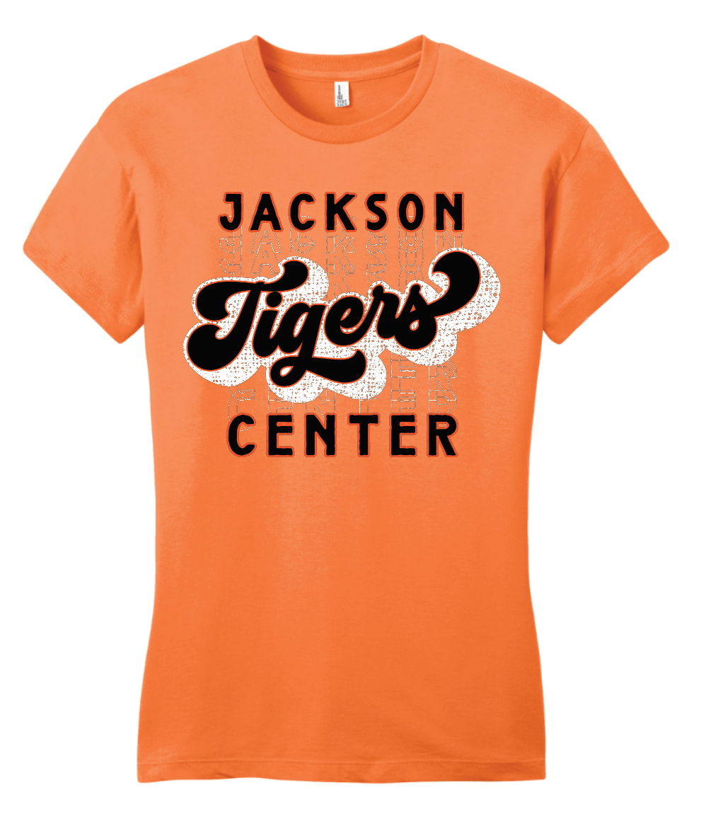 Jackson Center Tigers Distressed Script tee- Women